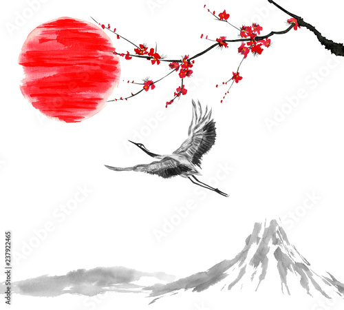 Oriental  traditional sumi-e painting. Fuji mountain, blossom sakura, japanes crane bird and sunset. Japan sun. Watercolor and ink illustration