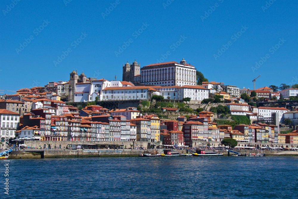 View of old Porto waterfront next to Douro River in Portugal