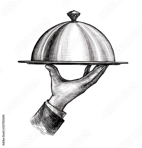 Waiter hand holding cloche serving plate. Vintage sketch isolated on white background photo