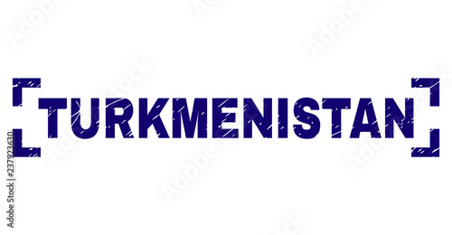 TURKMENISTAN title seal print with corroded style. Text title is placed between corners. Blue vector rubber print of TURKMENISTAN with unclean texture.