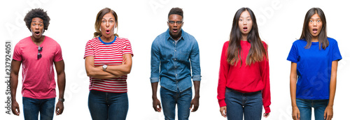 Composition of african american, hispanic and chinese group of people over isolated white background afraid and shocked with surprise expression, fear and excited face.