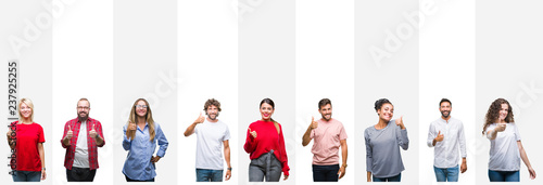 Collage of different ethnics young people over white stripes isolated background doing happy thumbs up gesture with hand. Approving expression looking at the camera showing success.