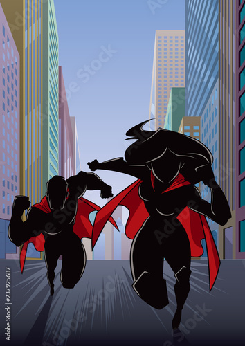 Cartoon silhouette illustration of superhero couple running fast through city street, with the heroine leading.