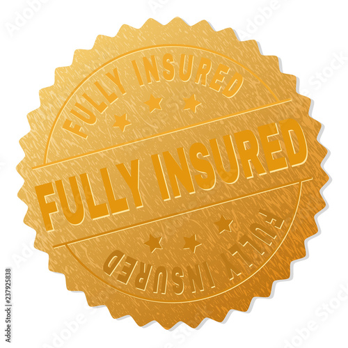 FULLY INSURED gold stamp award. Vector golden award with FULLY INSURED text. Text labels are placed between parallel lines and on circle. Golden skin has metallic effect.