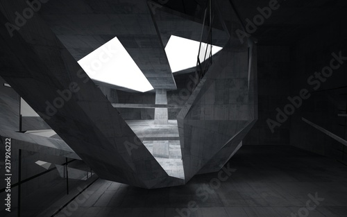 Empty dark abstract concrete room interior. Architectural background. Night view of the illuminated. 3D illustration and rendering