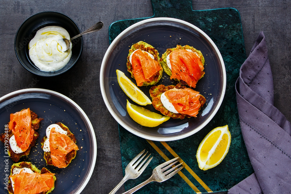 Zucchini fritters with salmon