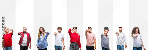 Collage of different ethnics young people over white stripes isolated background looking unhappy and angry showing rejection and negative with thumbs down gesture. Bad expression.