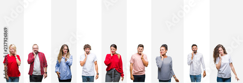Collage of different ethnics young people over white stripes isolated background touching mouth with hand with painful expression because of toothache or dental illness on teeth. Dentist concept.