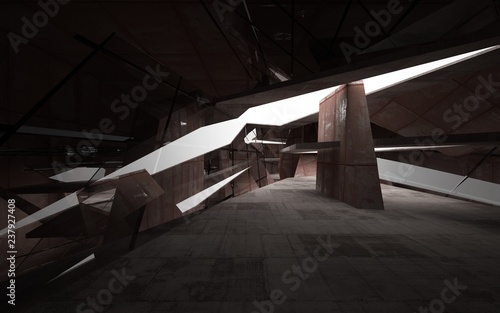 Empty abstract room interior of sheets rusted metal and concrete. Architectural background. Night view of the illuminated. 3D illustration and rendering