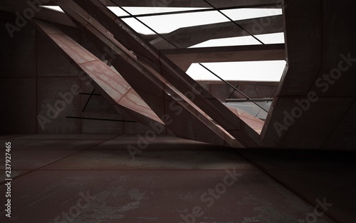 Empty abstract room interior of sheets rusted metal and concrete. Architectural background. Night view of the illuminated. 3D illustration and rendering