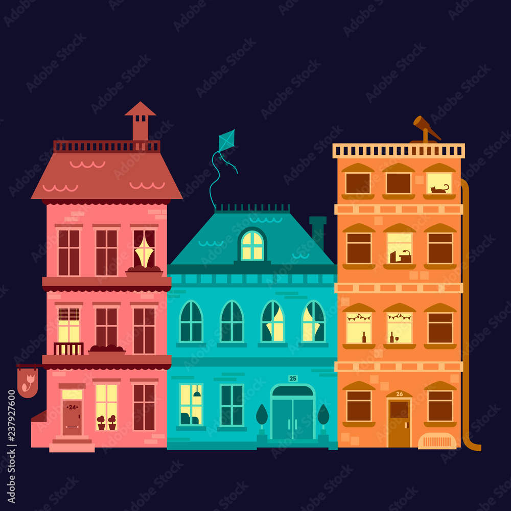 Three colored houses on a dark background with different windows night Three colored houses on a dark background with different windows night