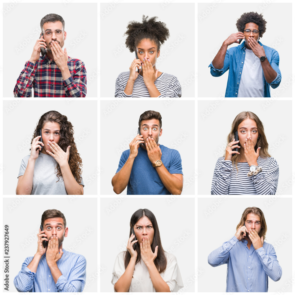 Collage of group of young people calling using smartphone over isolated background cover mouth with hand shocked with shame for mistake, expression of fear, scared in silence, secret concept