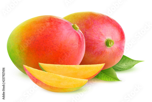 Isolated mango. Two mango fruit and slices isolated on white background with clipping path