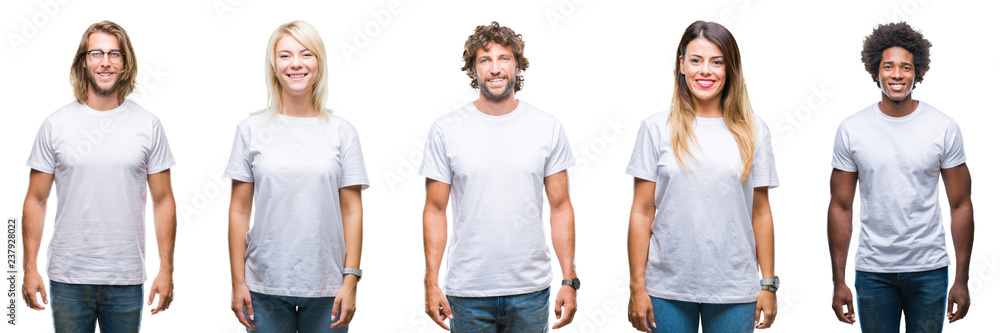 Collage of group of people wearing casual white t-shirt over isolated background with a happy and cool smile on face. Lucky person. Collage of group of people wearing casual white t-shirt over isolated background with a happy and cool smile on face. Lucky person.