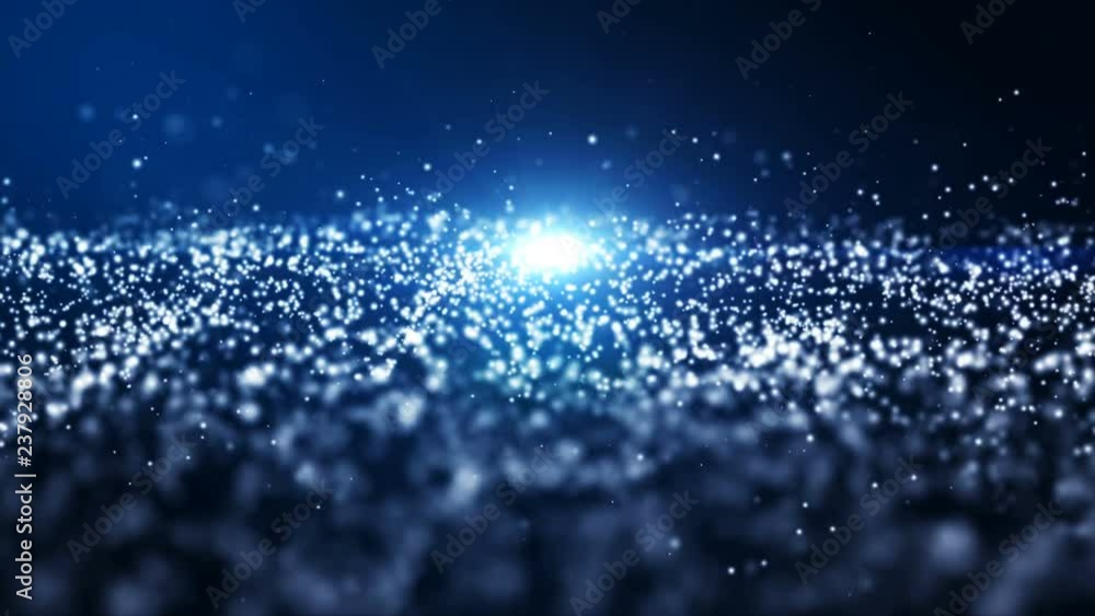 Abstract blue color digital particles wave with dust and light motion ...