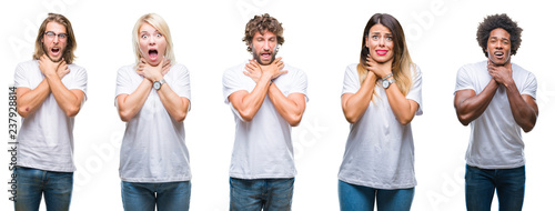 Cuadro en lienzo Collage of group of people wearing casual white t-shirt over isolated background shouting and suffocate because painful strangle