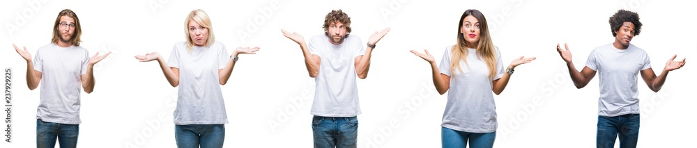Collage of group of people wearing casual white t-shirt over isolated background clueless and confused expression with arms and hands raised. Doubt concept. - obrazy, fototapety, plakaty 