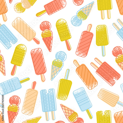Abstract seamless pattern of colorful ice cream. Different kinds of ice cream. Funny simple pattern. Vector illustration