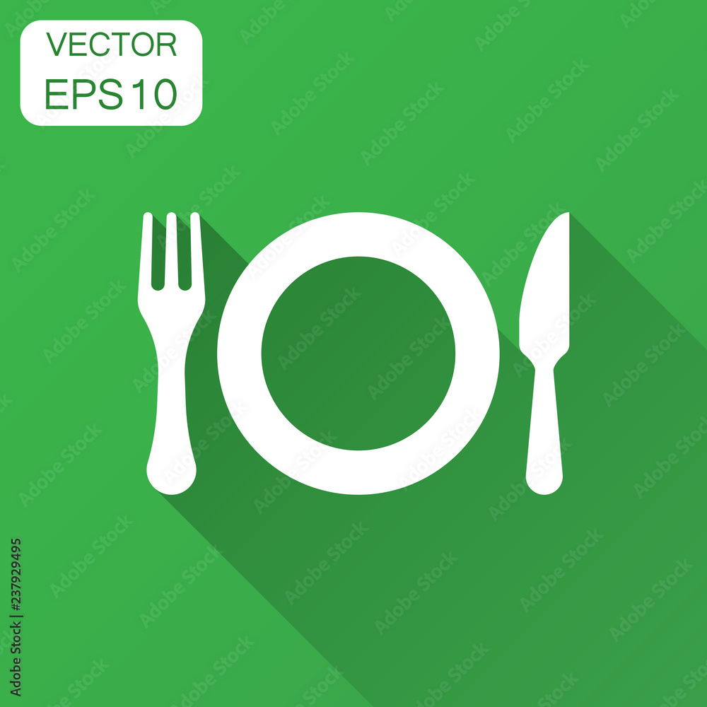 Fork and knife restaurant icon in flat style. Dinner equipment vector illustration with long shadow. Restaurant business concept. Fork and knife restaurant icon in flat style. Dinner equipment vector illustration with long shadow. Restaurant business concept.