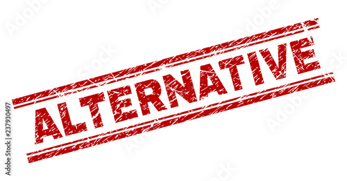 ALTERNATIVE seal stamp with grunge texture. Red vector rubber print of ALTERNATIVE title with unclean texture. Text title is placed between double parallel lines.