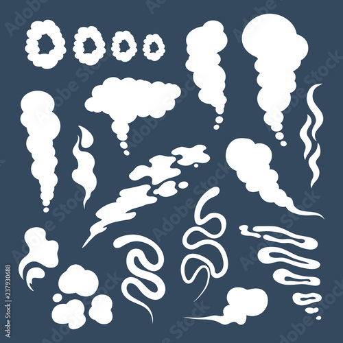Smoke and steam white silhouettes. Set of special effects template. Clipart element for game, print, advertising, menu and web design. Vector illustration.