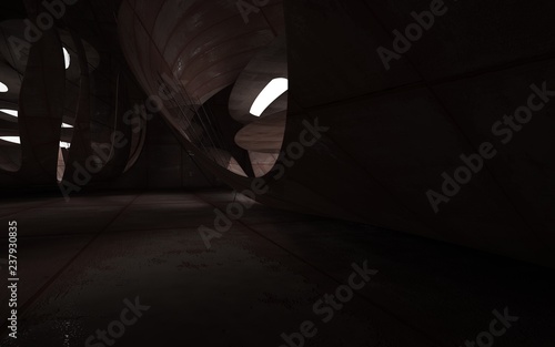 Empty smooth abstract room interior of sheets rusted metal and brown concrete. Architectural background. Night view of the illuminated. 3D illustration and rendering