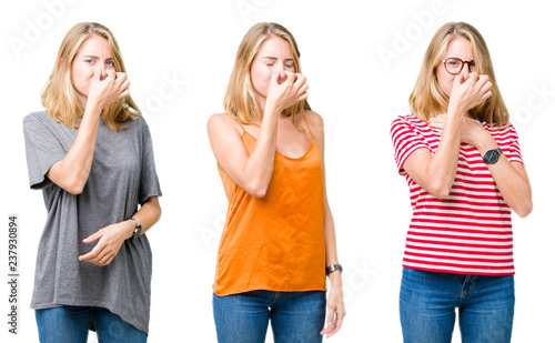 Collage of beautiful blonde woman over white isolated background smelling something stinky and disgusting, intolerable smell, holding breath with fingers on nose. Bad smells concept.