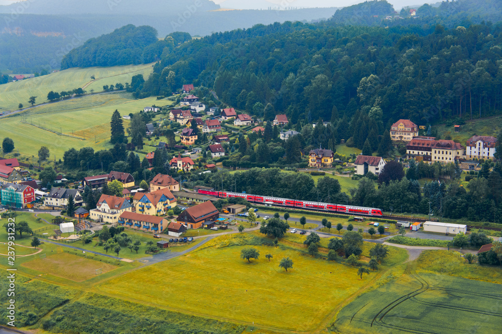 View to Rathen village in Saxony, Germany, and Rathen Kurort railway station