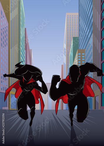 Silhouette illustration of superhero couple running fast through city street.