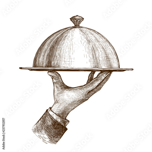 Waiter hand holding cloche serving plate. Vintage sketch vector illustration