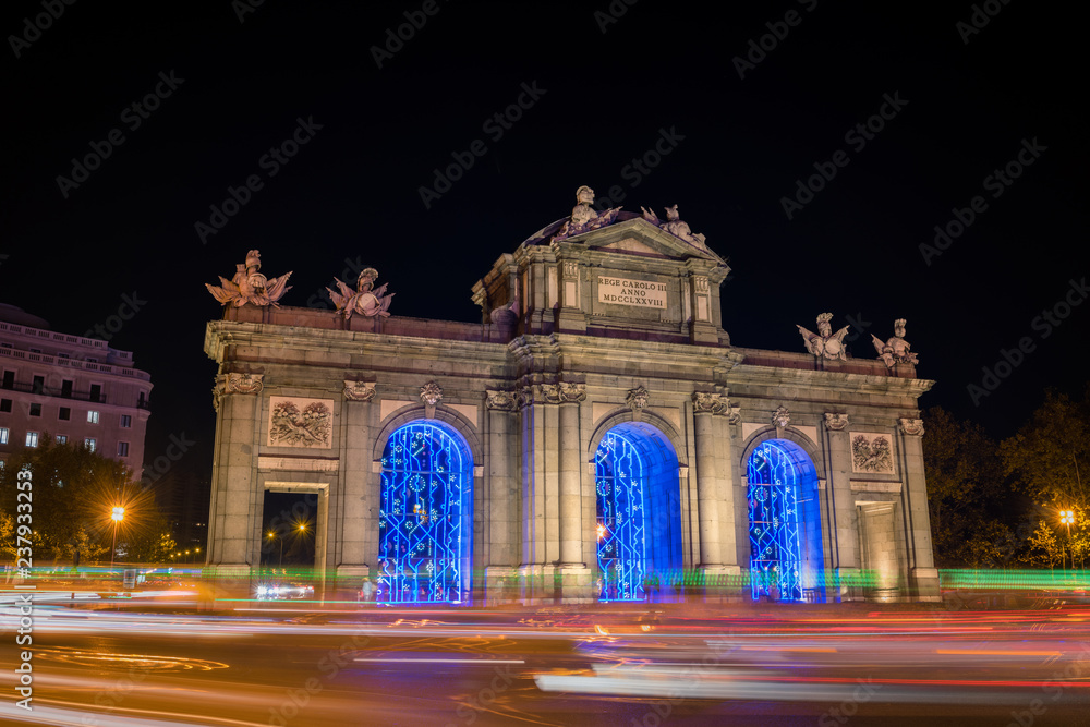 Illuminated Puerta de Alcalá in Christmas in Madrid