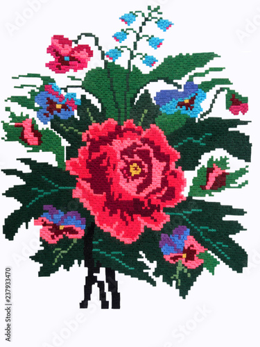 embroidered delicate flowers on a white background, Ukrainian embroidery