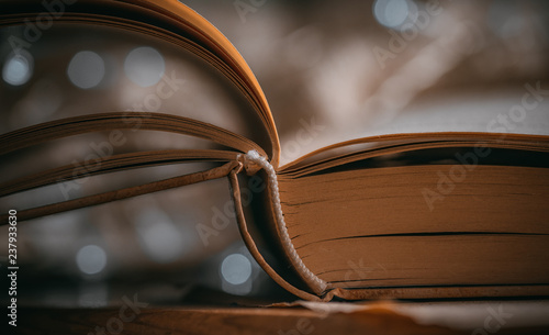 book on the background of Christmas lights