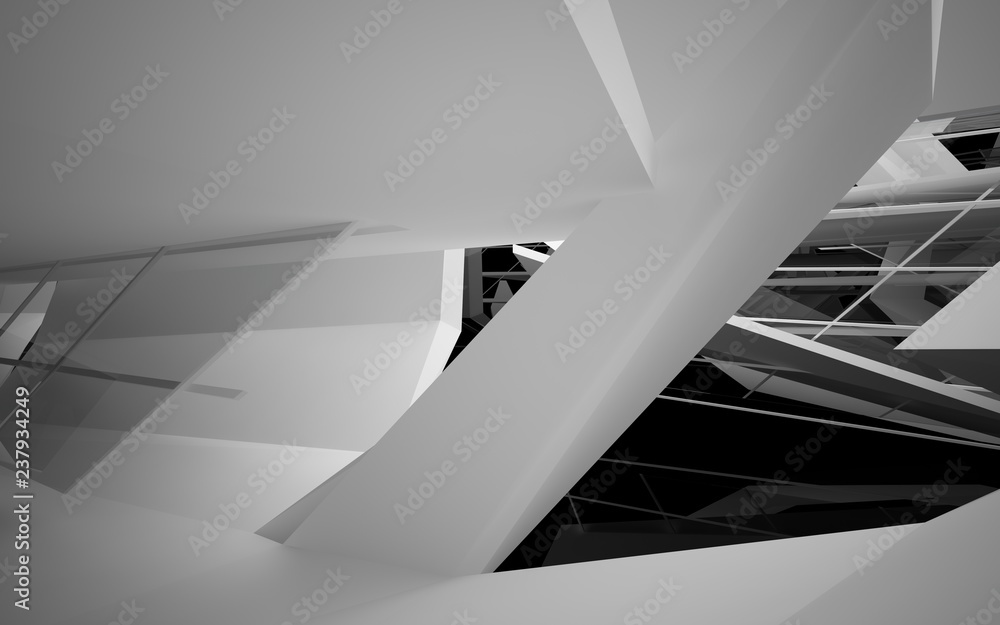 Obraz premium Abstract white interior of the future, with glossy black sculpture. 3D illustration and rendering