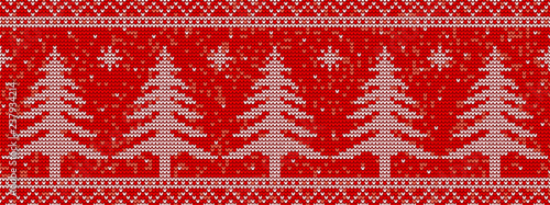 Red knitting seamless pattern background with christmas trees and snowflakes. Vector illustration