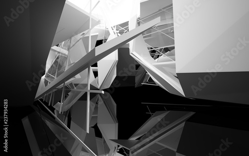 Abstract white interior of the future, with glossy black sculpture. 3D illustration and rendering