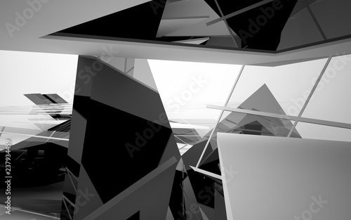 Abstract white interior of the future, with glossy black sculpture. 3D illustration and rendering