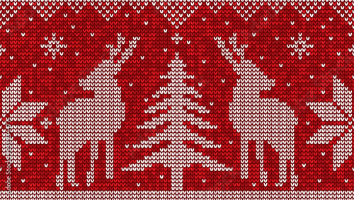 Red and white christmas seamless pattern background with deer, pine trees and snowflakes vector
