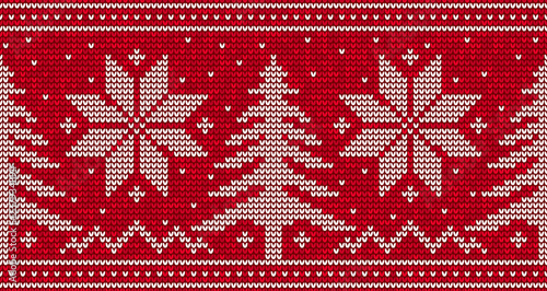 Red knitting seamless pattern background with christmas trees and snowflakes. Vector illustration