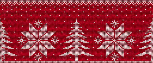 Red and white christmas seamless pattern background with pine trees and snowflakes vector