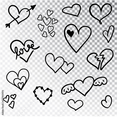 Hearts hand drawn set isolated. Design elements for Valentine s day. Collection of doodle sketch hearts hand drawn with ink. Vector illustration 10 EPS