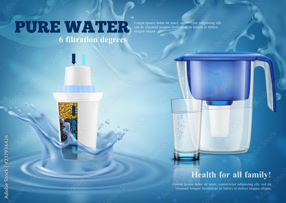 Water Filters Realistic Advertising Composition  - obrazy, fototapety, plakaty 