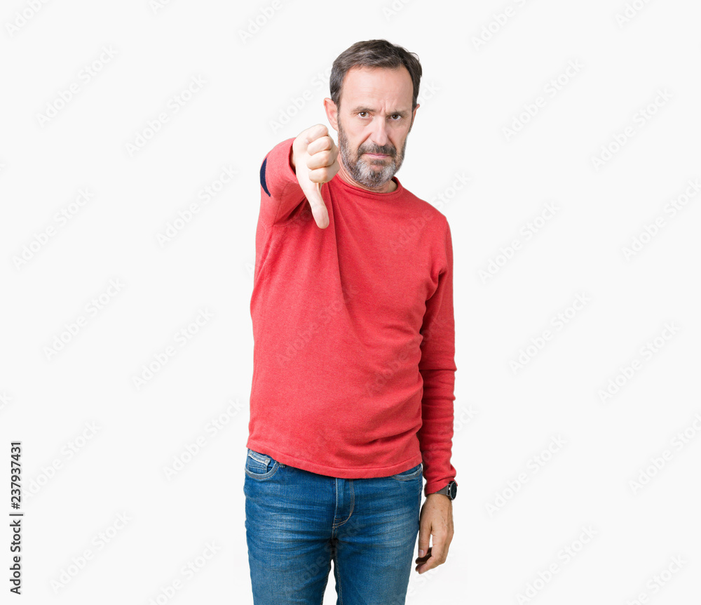 Handsome middle age hoary senior man wearing winter sweater over isolated background looking unhappy and angry showing rejection and negative with thumbs down gesture. Bad expression. Handsome middle age hoary senior man wearing winter sweater over isolated background looking unhappy and angry showing rejection and negative with thumbs down gesture. Bad expression.