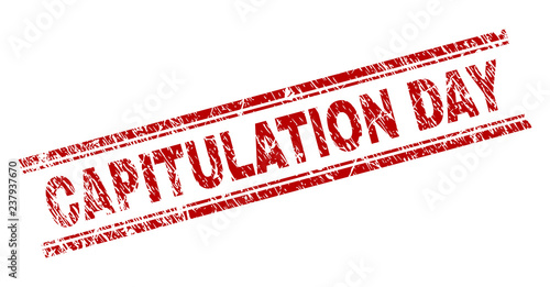 CAPITULATION DAY seal print with corroded texture. Red vector rubber print of CAPITULATION DAY tag with unclean texture. Text tag is placed between double parallel lines.