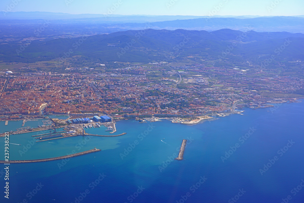 Aerial view of the port city of Livorno on the Ligurian Sea, Tuscany, Italy