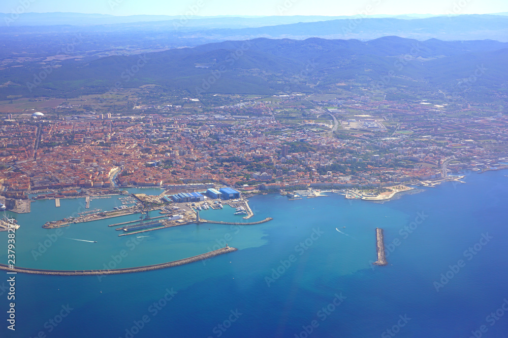Aerial view of the port city of Livorno on the Ligurian Sea, Tuscany, Italy