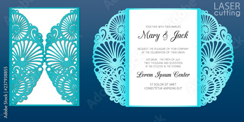 Laser cut wedding invitation card template in marine style, vector. Die cut paper card with pattern of seashells and stars. Cutout paper gate fold card for laser cutting or die cutting template.