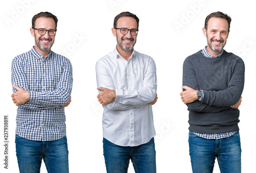 Collage of handsome senior business man over white isolated background happy face smiling with crossed arms looking at the camera. Positive person.