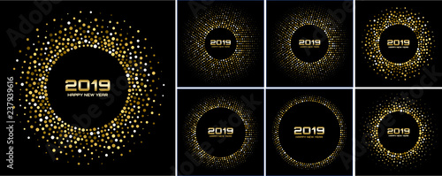 New Year 2019 Card Backgrounds set. Gold glitter paper confetti. Glistening Golden Disco Lights. Glow circular frame using halftone circle confetti dots texture. Christmas gold collection. Vector