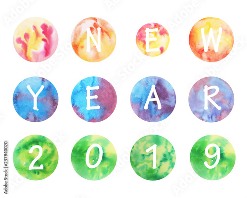 Happy New Year 2019. Greeting card with watercolor elements and text